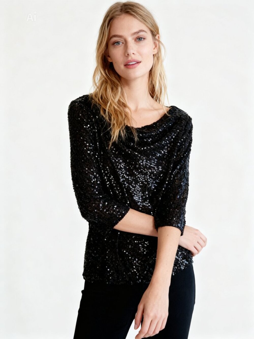 CECE Women's Sequin Top Black Cowl Neck Stretch LARGE